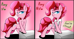 Size: 1024x546 | Tagged: safe, artist:madacon, character:pinkie pie, species:earth pony, species:pony, clothing, comparison, female, know the difference, panties, shirt, solo, thong, underwear, we don't normally wear clothes