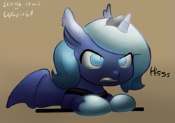 Size: 715x502 | Tagged: dead source, safe, artist:captain64, artist:ende26, character:princess luna, species:alicorn, species:bat pony, species:pony, angry, bat pony alicorn, brown background, ear tufts, filly, frown, glare, gritted teeth, hissing, leaning, lunabat, race swap, simple background, solo, spread wings, wings, woona, younger