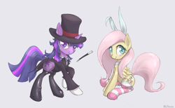 Size: 1000x615 | Tagged: safe, artist:mlpanon, character:fluttershy, character:twilight sparkle, ship:twishy, baton, bunny ears, clothing, female, frock coat, hat, latex, latex socks, lesbian, magician, shipping, simple background, socks, striped socks, suit, tailcoat, top hat, tuxedo, wand