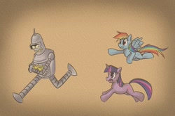 Size: 900x600 | Tagged: safe, artist:uc77, character:rainbow dash, character:twilight sparkle, bender bending rodriguez, chase, crossover, elements of harmony, flying, futurama, greatest internet moments, running, trio