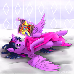 Size: 3543x3543 | Tagged: safe, artist:seer45, character:flash sentry, character:twilight sparkle, character:twilight sparkle (alicorn), species:alicorn, species:pony, ship:flashlight, blanket, comic book, female, magic, male, mare, on back, shipping, straight, the flash