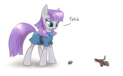 Size: 1000x619 | Tagged: dead source, safe, artist:mlpanon, character:boulder, character:maud pie, species:earth pony, species:pony, clothing, female, fetch, mare, simple background, solo, stick, text, white background