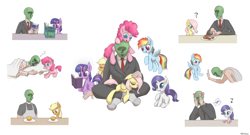 Size: 2000x1082 | Tagged: dead source, safe, artist:mlpanon, character:applejack, character:fluttershy, character:pinkie pie, character:rainbow dash, character:rarity, character:twilight sparkle, oc, oc:anon, species:earth pony, species:human, species:pegasus, species:pony, species:unicorn, :t, angry, babysitting, book, bow, clothing, colored pupils, confused, cuddling, cute, embarrassed, eyes closed, face doodle, female, filly, floppy ears, flying, frown, glare, grin, levitation, lucky bastard, magic, male, mane six, marker, meat, messy mane, mouth hold, music notes, open mouth, orange, petting, pony hat, prank, prone, question mark, raised eyebrow, raised hoof, reading, scrunchy face, simple background, sitting, sleeping, smiling, snuggling, spread wings, sweat, telekinesis, tired, wall of tags, white background, wings, zzz
