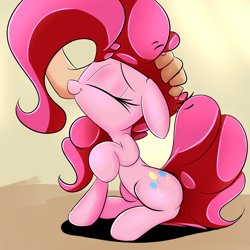 Size: 1280x1280 | Tagged: safe, artist:madacon, character:pinkie pie, species:earth pony, species:human, species:pony, cute, disembodied hand, eyes closed, female, hand, human shoulders, petting, smiling
