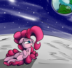 Size: 1024x965 | Tagged: safe, artist:madacon, character:pinkie pie, floppy ears, human shoulders, looking back, lying down, moon, on back, planet, smiling, solo, space