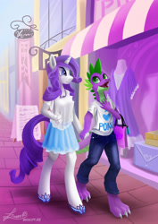 Size: 2480x3508 | Tagged: safe, artist:seer45, character:rarity, character:spike, species:anthro, ship:sparity, bags, date, female, male, older, shipping, straight, teenage spike