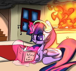 Size: 1280x1206 | Tagged: safe, artist:madacon, character:twilight sparkle, character:twilight sparkle (alicorn), species:alicorn, species:pony, cute, female, fire, headphones, irony, mare, reading, solo, this will end in fire, twiabetes