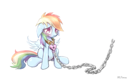Size: 807x500 | Tagged: safe, artist:mlpanon, character:rainbow dash, bondage, chained, chains, collar, floppy ears, heart, heart padlock, leash, padlock, padlocked collar, sad, simple background, solo, white background