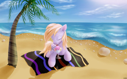 Size: 3840x2400 | Tagged: safe, artist:roadsleadme, oc, oc only, species:pegasus, species:pony, beach, blanket, high res, ice cream, not derpy, ocean, palm tree, solo, sweat, tree