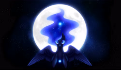 Size: 4891x2822 | Tagged: safe, artist:nekiw, character:princess luna, species:alicorn, species:pony, g4, absurd resolution, female, full face view, glowing eyes, glowing horn, hooves, hooves to the chest, horn, looking at you, magic, mare, moon, night, night sky, signature, sky, solo, spread wings, starry night, stars, wings