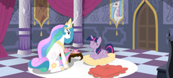 Size: 1500x677 | Tagged: safe, artist:mister-saugrenu, character:princess celestia, character:twilight sparkle, cushion, pillow, ponyloaf, prone, sitting, teacup, teapot