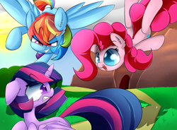 Size: 1280x943 | Tagged: safe, artist:madacon, character:pinkie pie, character:rainbow dash, character:twilight sparkle, character:twilight sparkle (alicorn), species:alicorn, species:pony, female, glomp, mare