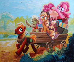 Size: 900x752 | Tagged: safe, artist:yulyeen, character:apple bloom, character:applejack, character:big mcintosh, character:granny smith, character:pinkie pie, species:earth pony, species:pony, episode:pinkie apple pie, g4, my little pony: friendship is magic, acrylic painting, apple family, apples to the core, luggage, male, painting, scene interpretation, stallion, traditional art, wagon