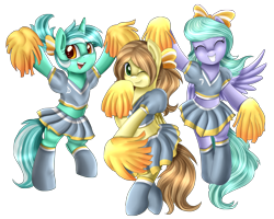 Size: 2926x2341 | Tagged: safe, artist:pridark, character:flitter, character:lyra heartstrings, oc, species:pony, bipedal, cheerleader, hair bow, midriff, simple background, transparent background
