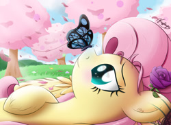 Size: 1100x800 | Tagged: safe, artist:bugplayer, character:fluttershy, species:pegasus, species:pony, bust, butterfly, female, flower, flower in hair, grass, insect on nose, lying down, mare, on back, profile, rose, smiling, solo