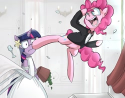 Size: 1400x1100 | Tagged: safe, artist:uc77, character:pinkie pie, character:twilight sparkle, species:pony, bipedal, clothing, dress, duo, hotblooded pinkie pie, suit, twilight is not amused, unamused, wedding dress