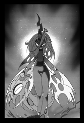 Size: 996x1446 | Tagged: safe, artist:zat, character:queen chrysalis, explicit source, grayscale, monochrome, solo