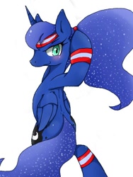 Size: 480x640 | Tagged: safe, artist:azurepicker, character:princess luna, species:alicorn, species:pony, alternate hairstyle, headband, ponytail, simple background, solo, white background, workout outfit, wristband