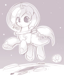 Size: 751x898 | Tagged: safe, artist:ende26, character:princess luna, astronaut, earth, filly, happy, monochrome, moon, sketch, smiling, solo, space, space suit, woona