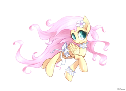 Size: 1264x916 | Tagged: safe, artist:mlpanon, character:fluttershy, bow, choker, cute, flower in hair, garter, shyabetes, simple background, solo, white background, windswept mane