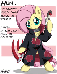 Size: 1700x2200 | Tagged: safe, artist:bugplayer, character:fluttershy, species:pony, akatsuki, bipedal, clothing, hidan, naruto, parody, robe, simple background, solo, weapon