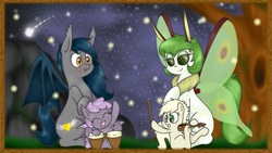Size: 1920x1080 | Tagged: safe, artist:silver1kunai, oc, oc only, oc:actias, oc:falsetto, oc:sirocca, oc:speck, species:bat pony, species:earth pony, species:mothpony, species:pony, :t, blushing, cute, eyes closed, female, filly, firefly, grin, happy, hoof hold, open mouth, original species, sitting, smiling, spread wings, underhoof, violin, wide eyes, wings