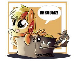 Size: 1708x1380 | Tagged: safe, artist:ruhisu, oc, oc only, oc:brave wing, species:pegasus, species:pony, cardboard box, child, colt, cute, male, plane, playing, smiling, solo, toy
