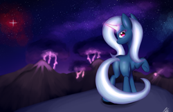 Size: 5100x3300 | Tagged: safe, artist:kawaiipony2, character:trixie, species:pony, species:unicorn, cloud, female, glowing horn, lightning, looking at you, looking back, magic, mare, night, plot, raised hoof, sky, solo, stars, stormcloud