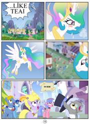 Size: 800x1109 | Tagged: safe, artist:mister-saugrenu, character:caesar, character:lyra heartstrings, character:lyrica lilac, character:minuette, character:perfect pace, character:princess celestia, character:royal ribbon, blushing, canterlot, comedy, comic, crowd, flying, frown, open mouth, princess celestia hates tea, shocked, spread wings, sweat, wide eyes, wings