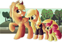 Size: 2000x1348 | Tagged: safe, artist:ruhisu, character:apple bloom, character:applejack, oc, oc:brave wing, species:pegasus, species:pony, accessory swap, clothing, cowboy hat, family, female, fence, filly, hat, jacket, male, mare, pilot, shipping, smiling, stallion, straight