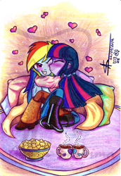 Size: 827x1200 | Tagged: safe, artist:shikimaakemi, character:rainbow dash, character:twilight sparkle, ship:twidash, my little pony:equestria girls, blanket, blushing, cuddling, female, hair tie, heart, holding, hot chocolate, kissing, lesbian, pillow, popcorn, rug, shipping, snuggling