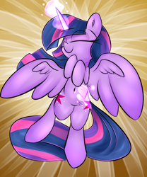 Size: 1000x1200 | Tagged: safe, artist:madacon, character:twilight sparkle, character:twilight sparkle (alicorn), species:alicorn, species:pony, belly button, bellyrubs, cute, eyes closed, female, magic, mare, smiling, solo, spread wings, twiabetes, wings