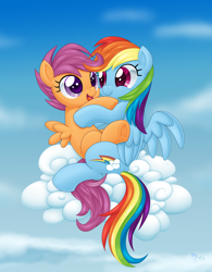 Size: 3190x4100 | Tagged: safe, artist:lordyanyu, character:rainbow dash, character:scootaloo, species:pegasus, species:pony, g4, best sisters, carrying, cloud, colored pupils, cute, cutealoo, dashabetes, duo, female, filly, folded wings, happy, hug, mare, open mouth, puffy cheeks, scootalove, sisters, sitting, sky, smiling, spread wings, three quarter view, underhoof, wings
