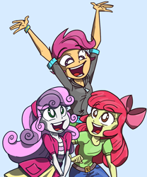 Size: 916x1100 | Tagged: safe, artist:lunchie, artist:varemia, character:apple bloom, character:scootaloo, character:sweetie belle, species:pegasus, species:pony, equestria girls:rainbow rocks, g4, my little pony:equestria girls, cheering, colored, cutie mark crusaders, open mouth, smiling, trace