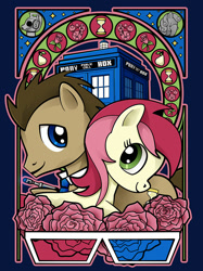 Size: 840x1125 | Tagged: safe, artist:christadoodles, character:doctor whooves, character:roseluck, character:time turner, species:breezies, ship:doctorrose, episode:it ain't easy being breezies, g4, my little pony: friendship is magic, 3d glasses, cyberman, doctor who, female, male, necktie, rose, shipping, straight, tardis, weeping angel