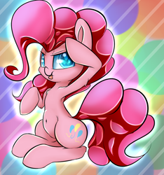 Size: 1280x1365 | Tagged: safe, artist:madacon, character:pinkie pie, armpits, belly button, salute, sitting, solo, tongue out