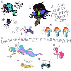 Size: 1600x1610 | Tagged: safe, artist:grievousfan, character:king sombra, character:pinkie pie, character:princess celestia, character:queen chrysalis, character:rainbow dash, character:rarity, balloon, cheese, food, macaroni, macaroni and cheese, pasta, scissors, stahp