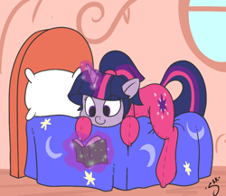 Size: 978x848 | Tagged: safe, artist:silver1kunai, character:twilight sparkle, alternate hairstyle, bed, book, clothing, cute, day, footed sleeper, magic, pajamas, ponytail, prone, reading, smiling, solo, telekinesis, twiabetes