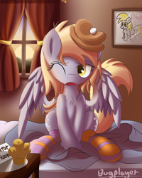 Size: 2000x2500 | Tagged: safe, artist:bugplayer, character:derpy hooves, species:pegasus, species:pony, bed mane, both cutie marks, breakfast in bed, clothing, female, hat, mare, morning ponies, muffin, socks, solo, striped socks