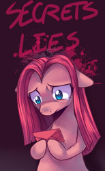 Size: 446x726 | Tagged: safe, artist:pekou, character:pinkamena diane pie, character:pinkie pie, crying, floppy ears, frown, hoof hold, letter, sad, solo, wide eyes