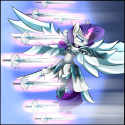 Size: 1280x1280 | Tagged: safe, artist:madacon, character:rarity, species:alicorn, species:pony, armor, belly button, chest fluff, crossover, erza scarlett, fairy tail, flying, magic, midriff, race swap, raricorn, semi-anthro, solo, sword, telekinesis, weapon