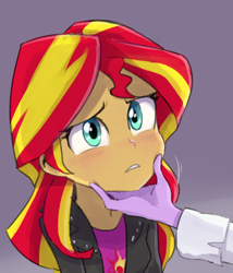 Size: 484x566 | Tagged: dead source, safe, artist:baekgup, character:sunset shimmer, character:twilight sparkle, character:twilight sparkle (scitwi), species:eqg human, ship:scitwishimmer, ship:sunsetsparkle, equestria girls:rainbow rocks, g4, my little pony:equestria girls, blushing, chin stroke, clothing, cute, female, frown, jacket, shimmerbetes, shipping