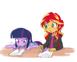 Size: 500x400 | Tagged: dead source, safe, artist:baekgup, character:sunset shimmer, character:twilight sparkle, character:twilight sparkle (alicorn), species:alicorn, my little pony:equestria girls, adorkable, blushing, clothing, cute, desk, dork, female, humans doing horse things, mouth drawing, mouth hold, paper, pen, simple background, white background