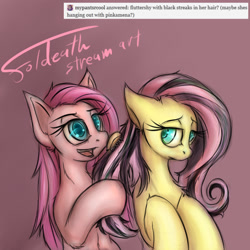 Size: 1024x1024 | Tagged: safe, artist:foldeath, character:fluttershy, character:pinkamena diane pie, character:pinkie pie, ask, comb, emoshy, sketch, tumblr