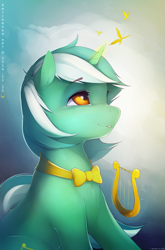 Size: 1650x2500 | Tagged: dead source, safe, artist:antiander, character:lyra heartstrings, species:pony, species:unicorn, bow tie, butterfly, heart eyes, lyre, magic, smiling, solo, wingding eyes