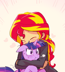 Size: 589x651 | Tagged: source needed, useless source url, safe, artist:baekgup, character:sunset shimmer, character:twilight sparkle, species:pony, species:unicorn, equestria girls:rainbow rocks, g4, my little pony:equestria girls, :t, blushing, cuddling, cute, eyes closed, female, floppy ears, heart, holding, holding a pony, hug, mare, messy mane, non-consensual cuddling, panting, puffy cheeks, shimmerbetes, sweat