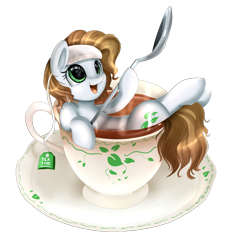 Size: 2183x2319 | Tagged: safe, artist:pridark, oc, oc only, species:pony, cup of pony, micro, simple background, solo, spoon, teabag, teacup, tiny ponies, transparent background