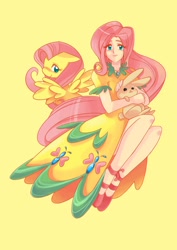 Size: 800x1132 | Tagged: safe, artist:gomigomipomi, character:fluttershy, species:human, species:pegasus, species:pony, clothing, dress, female, floppy ears, human ponidox, humanized, mare, self ponidox, simple background, yellow background