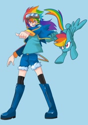 Size: 800x1132 | Tagged: safe, artist:gomigomipomi, character:rainbow dash, species:human, species:pegasus, species:pony, blue background, boots, female, goggles, human ponidox, humanized, mare, self ponidox, shoes, simple background, skinny