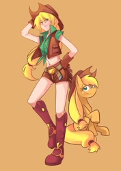 Size: 800x1132 | Tagged: safe, artist:gomigomipomi, character:applejack, species:earth pony, species:human, species:pony, applejack's hat, belly button, boots, clothing, cowboy boots, cowboy hat, female, gloves, hat, human ponidox, humanized, mare, midriff, orange background, self ponidox, simple background